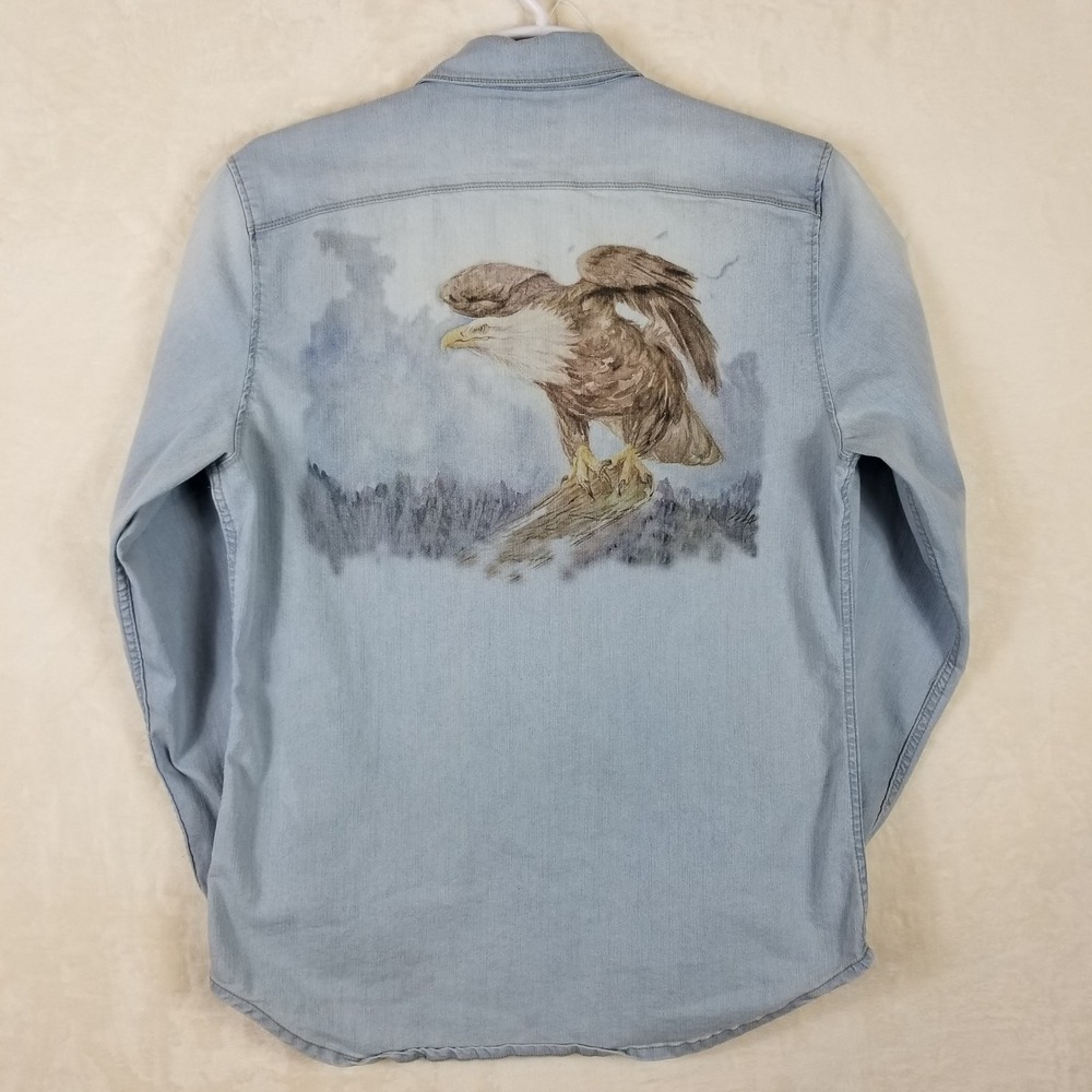Canyon of Heroes Mens Light Wash Denim Eagle Graphic Western Pearl‎ Snap Shirt L - Picture 2 of 7